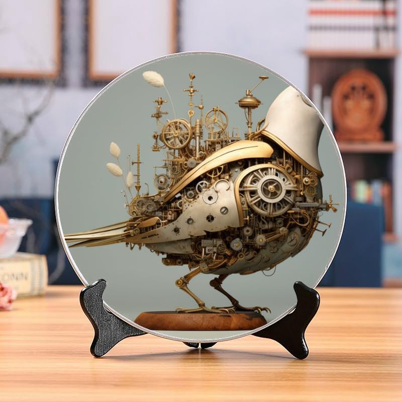 Mechanical Bird's nest and semi-Mechanical Bird 10-inch Ceramic Plate for Wall Display or Tabletop, with Stand & Hook DP-68271051