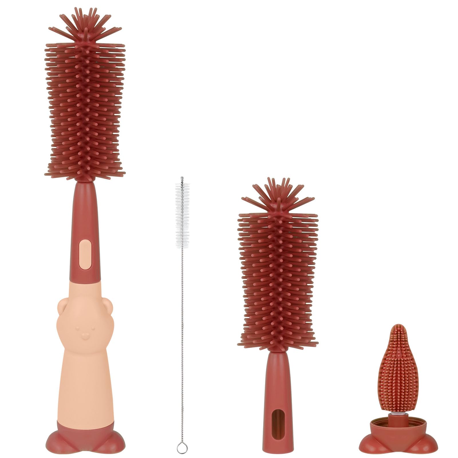 Vicloon Silikon-Bürsten für Babyflaschen, 3 in 1-Baby flaschenbürstenset, für Babyflaschenbürste und Sauger, BPA-frei, mit weicher Bürste, Nippelbürste, Strohhalmreiniger (Rot)