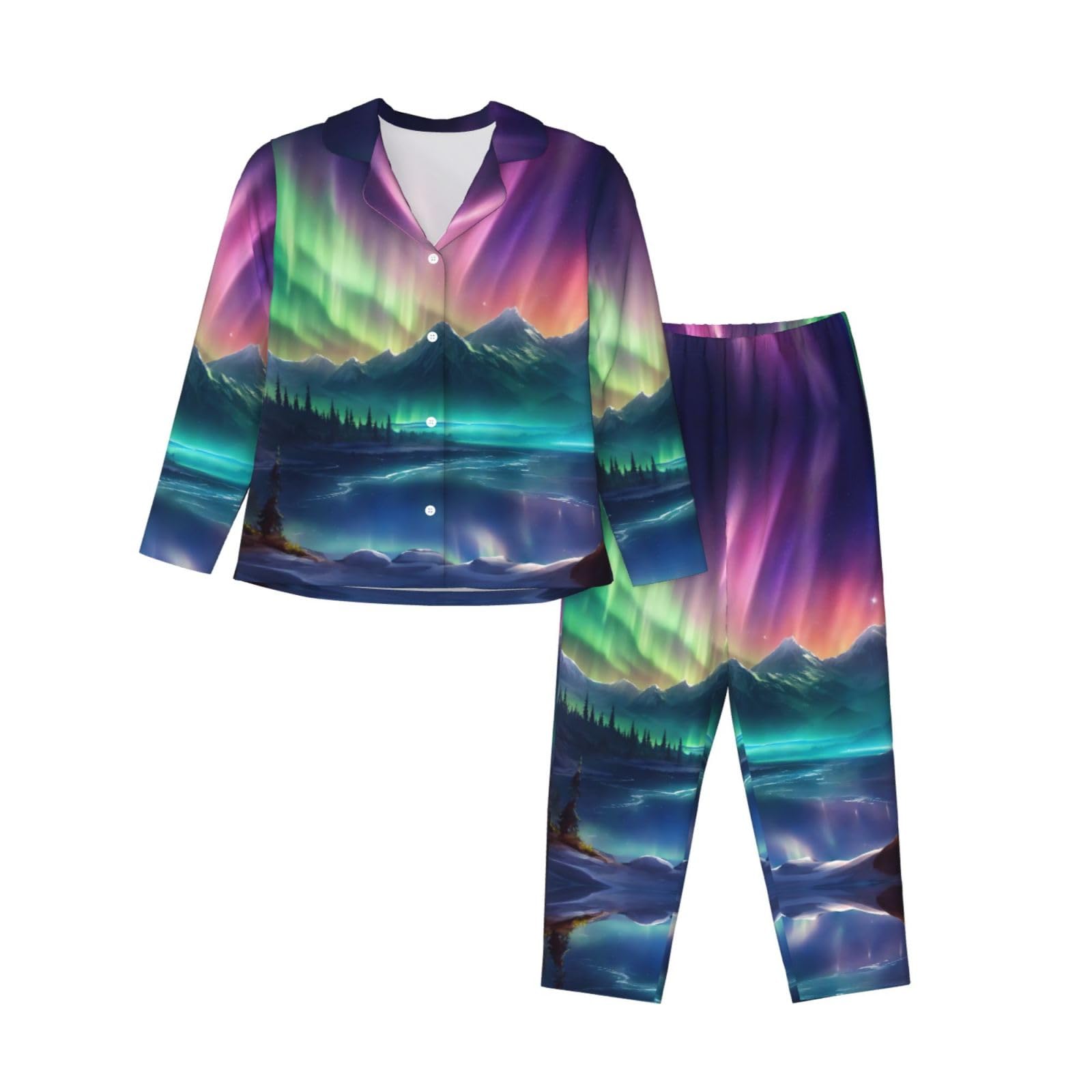 Duwaa Women's Black Dark Northern Lights Print Pajama Sets Soft Sleepwear 2 Piece Pj Set V Neck Lounge Set Nightwear For Xl