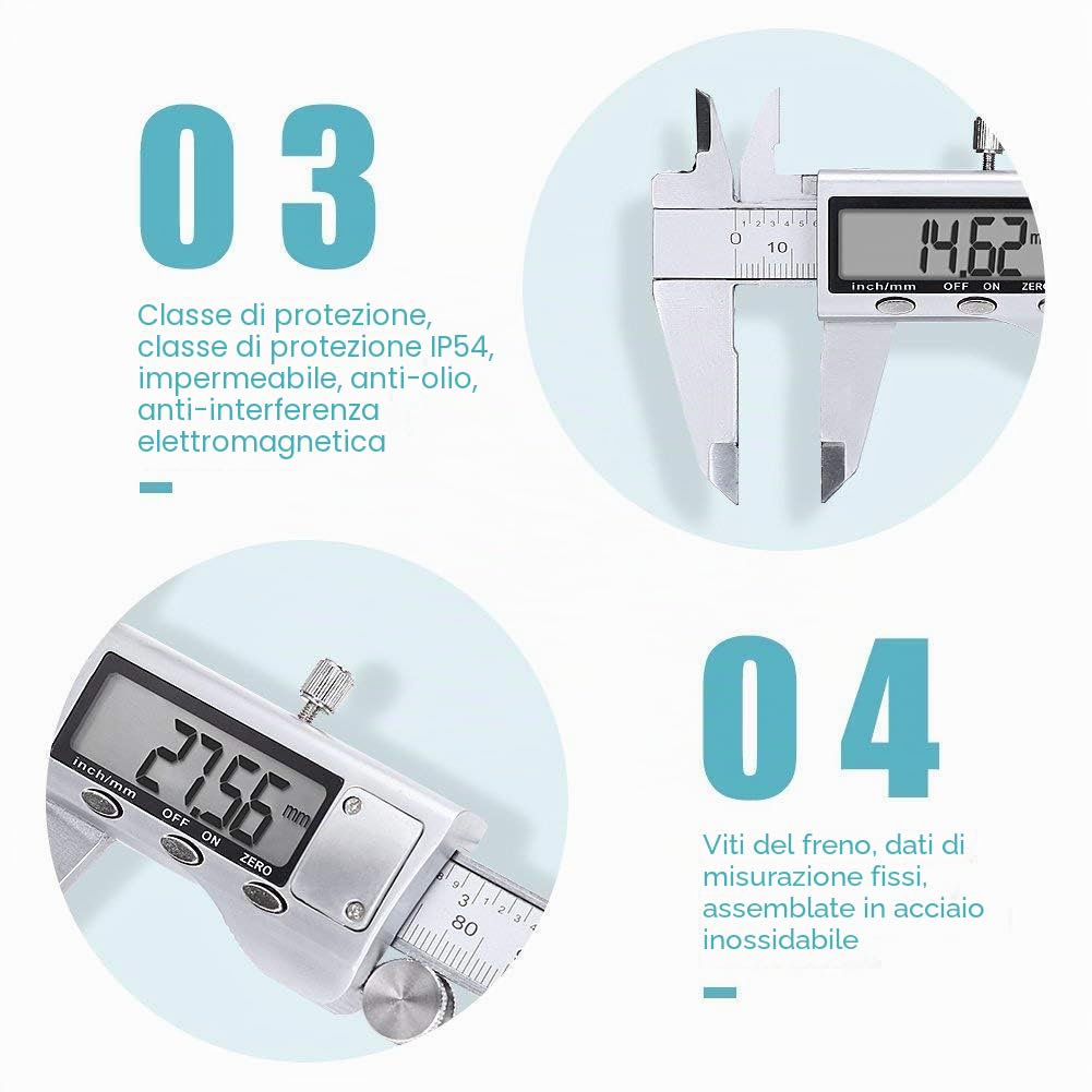 Calibro Digitale, Precisione Calibri in Acciaio Inox 150mm con Ampio Display LCD Micrometro Digitale Professionale per Misurazione Esterne, Interne, Profondità e di Passo