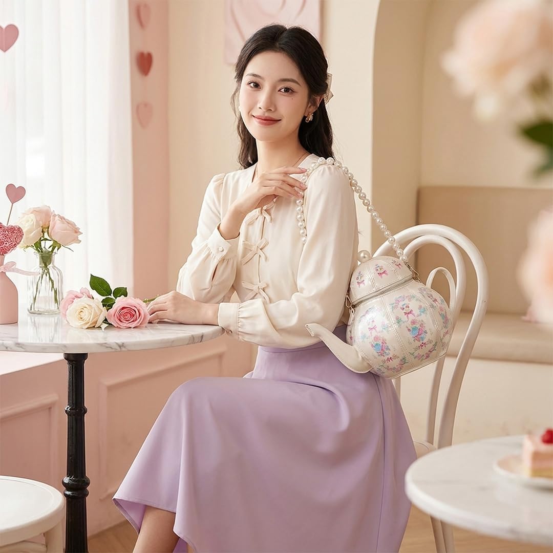 Lolita Teapot Shape PU Leather Crossbody Bag Floral Pearl Handle Purse image 2
