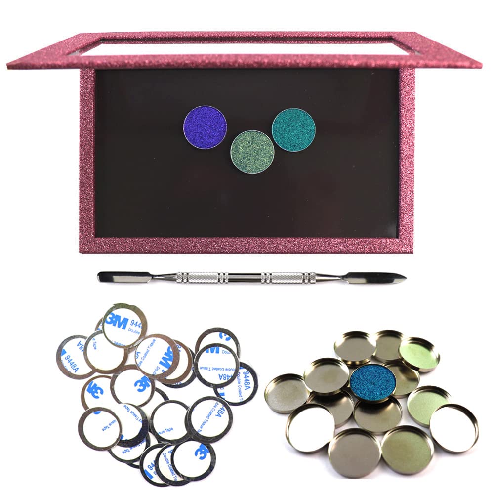 Professional Empty Makeup Magnetic Palette Set with 20 Adhesive Metal Stickers and 20 Empty Round Metal and 1 Depotting Spatula blush for powder and foundation (Wine red)