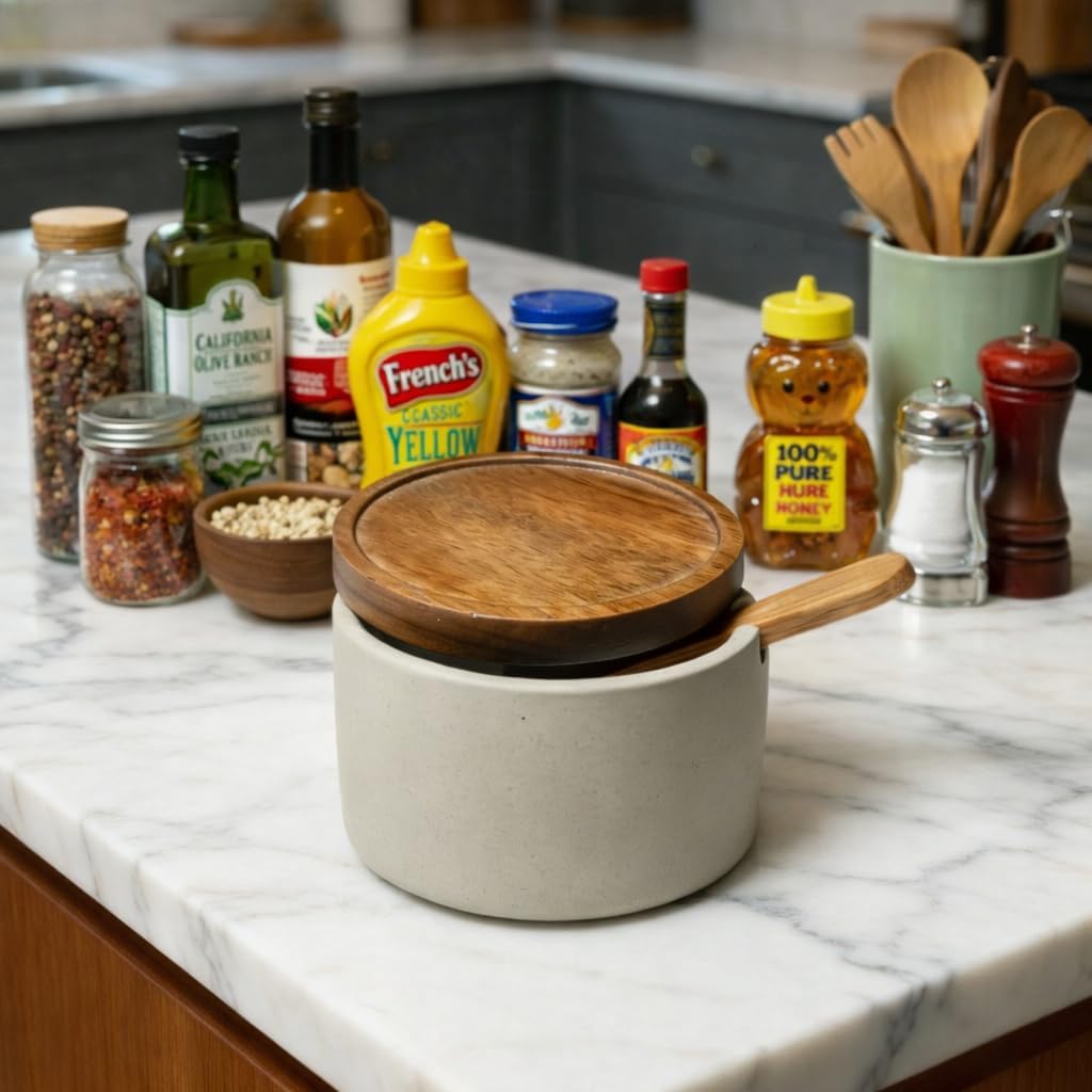 Handmade Ceramic Salt Cellar with Acacia Wood Lid & Spoon - 3.5" Wide Mouth Kitchen Jar for Salt, Spices, Sugar, Pepper - Modern Countertop Storage Container, Keeps Seasonings Dry, Elegant Home Decor