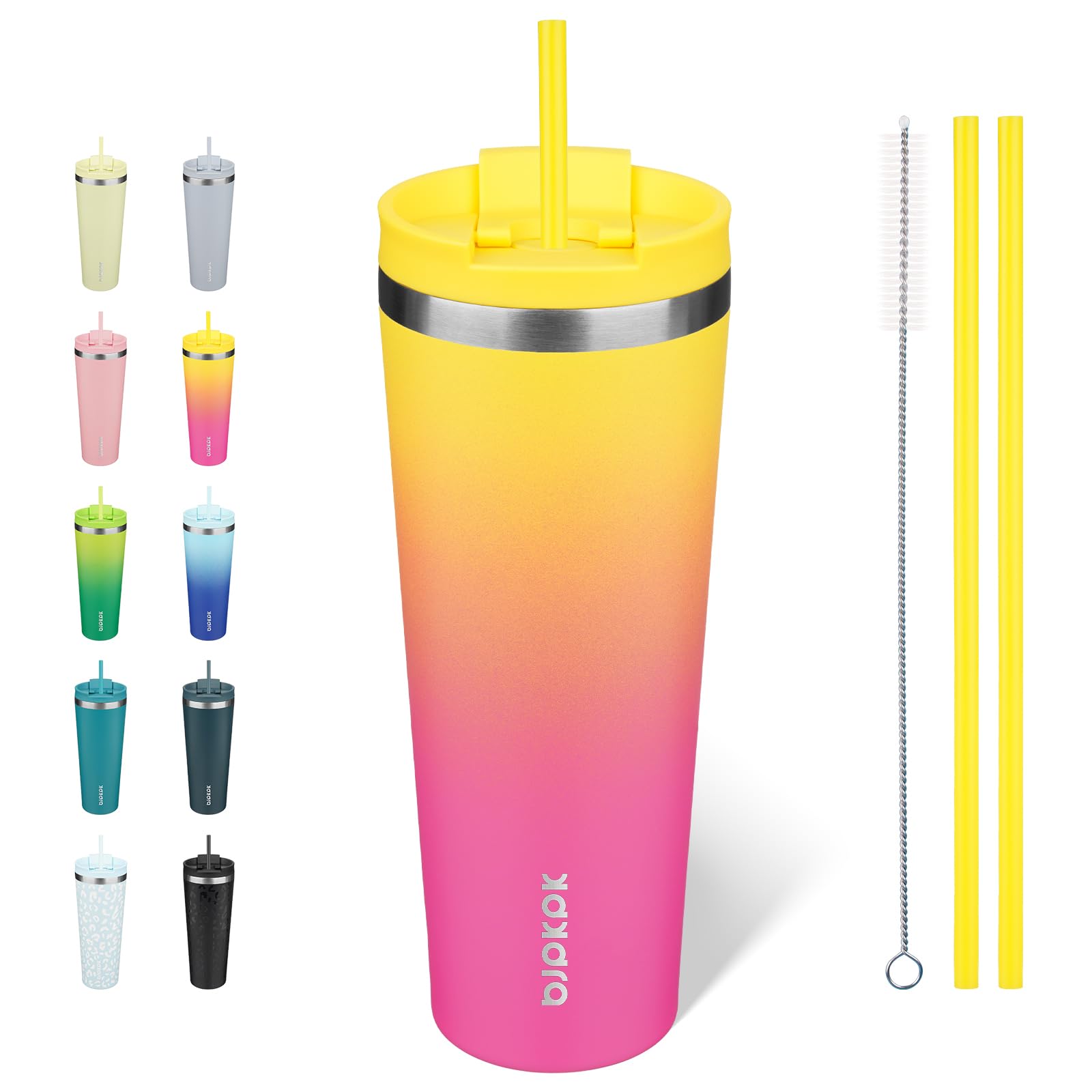 BJPKPK 26oz Stainless Steel Insulated Tumbler with lid and Straw Travel Coffee Mug Thermal Tumblers Cup for Women and Men,Pink Yellow Rose