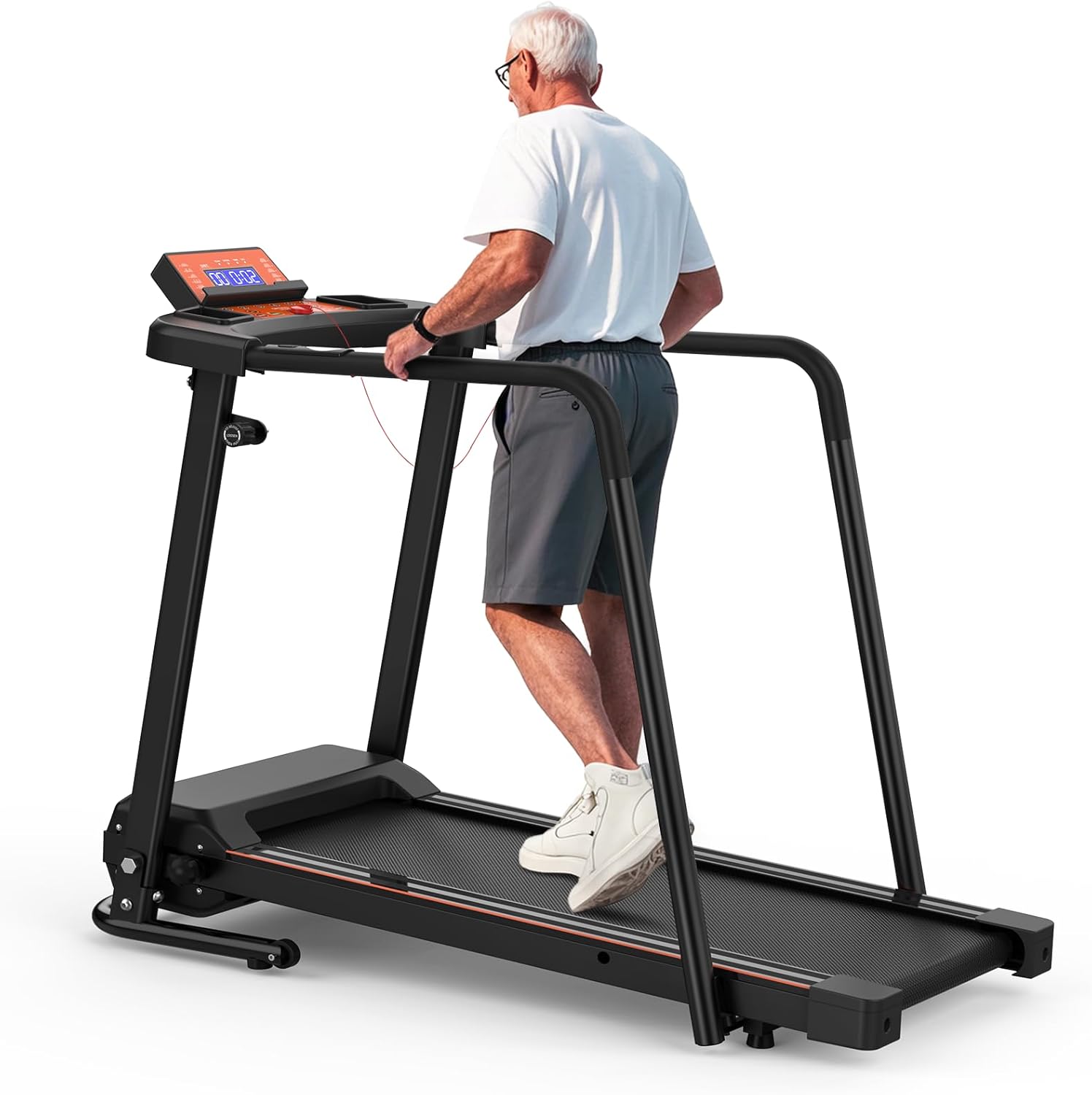 Treadmills for Seniors with Long Handrails, Foldable Treadmill for Home Use - Bluetooth App Connect & Heart Rate Monitor, Safe for Elderly & Family