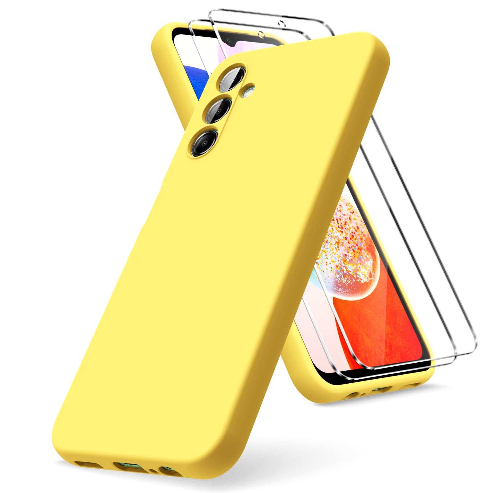 Vansdon Cover Compatibile con Samsung Galaxy A14 4G/5G, 2 Pellicola Protettiva in Vetro Temperato, Gomma Gel di Silicone Liquida Antiurto Custodia - Giallo