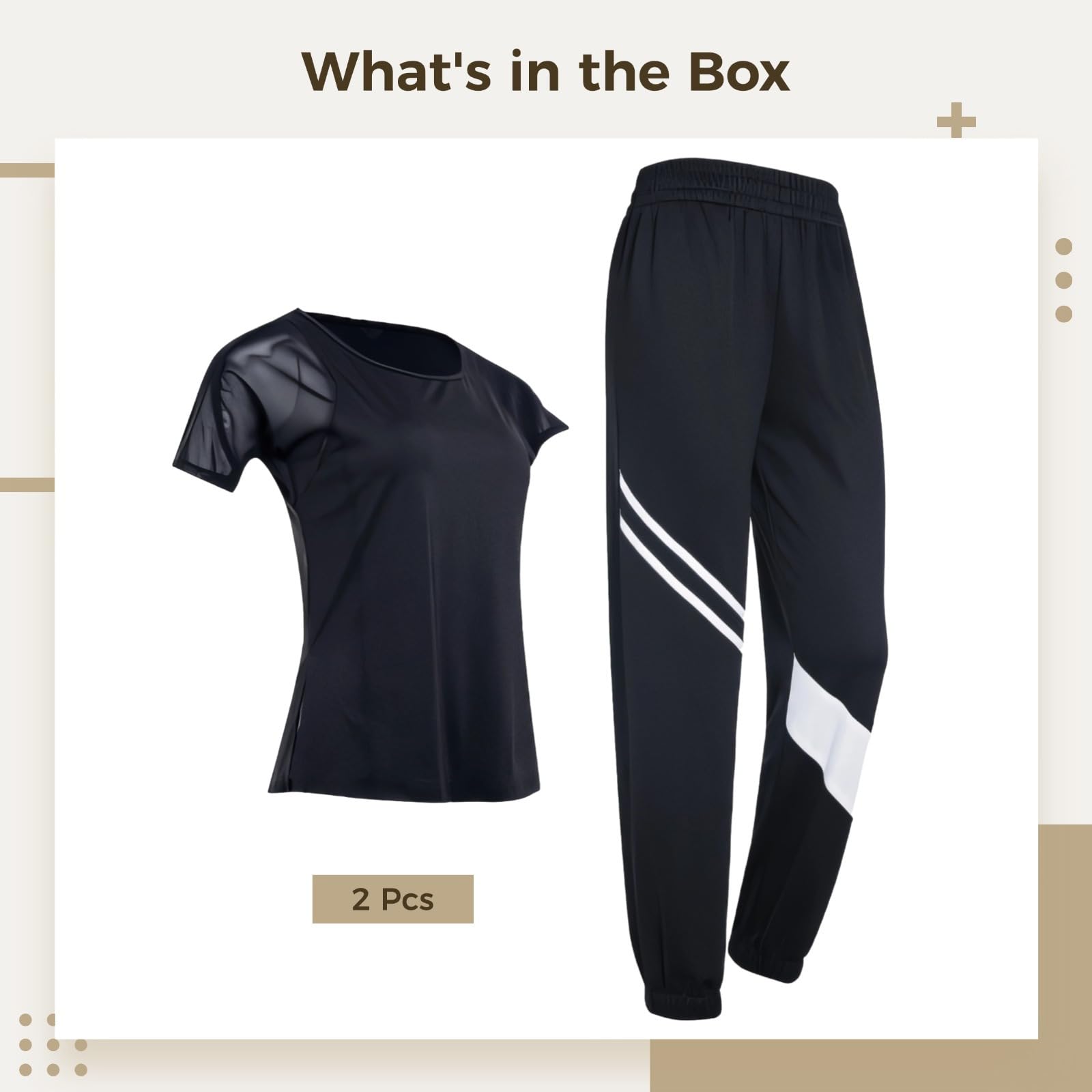 Tenue de pilates stretch XXL pour femme - Haut à manches avec pantalon noir, ensemble deux pièces pour le fitness ou les tenues décontractées