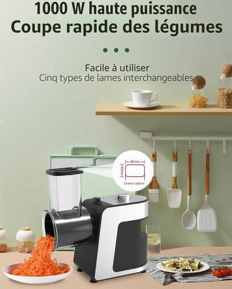 Râpe à fromage électrique 1000 W et coupe-légumes – Machine à salade multiple avec 5 cônes interchangeables pour fromage, concombre, carotte – Idéal pour déchiqueteuse de fruits et légumes