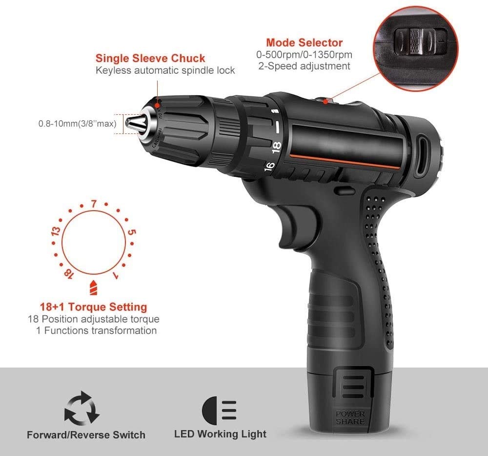 Llave de Impacto, Destornillador de Taladro de 12 V, batería de Destornillador con luz LED, (par máximo de 15 N.m, Velocidad Variable, Carga rápida de 1,5 h)