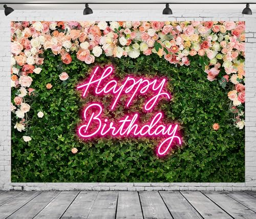 DePhoto 7x5FT Green Leaves Happy Birthday Backdrop Girls Flower Wall Pink Rose Photography Background for Women Girls Greenery Leaves Birthday Photo Studio Shoot Newborn Baby Shower Party by DePhoto - Used condition - Image 3