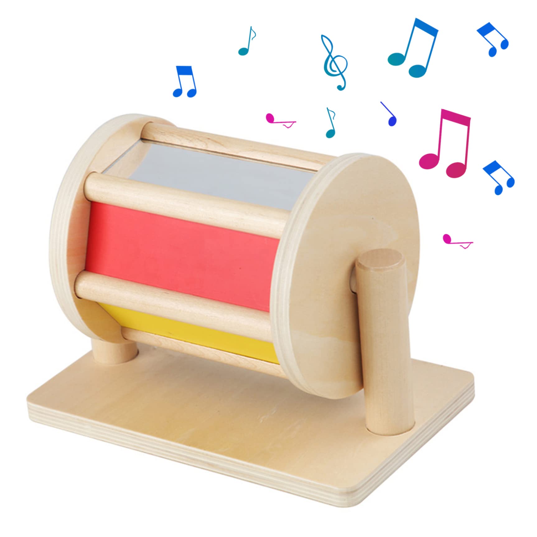 Spinning Drum Baby Toy for 0-3 Year Olds Safe Spinning Rainbow Baby Toy Wooden Spinner Lightweight Drum with Clear Mirror 8.2x5.1x6.1 In