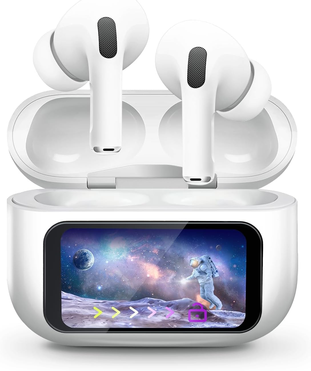 WHIZWONDERS Display TWS Bluetooth Earbuds, LED Touchscreen, 32dB ANC + ENC, 13 Interfaces, 4-Mic Noise Cancelling, Type-C Fast Charging, Find My Earbuds, Transparency Mode, Long Battery (White)