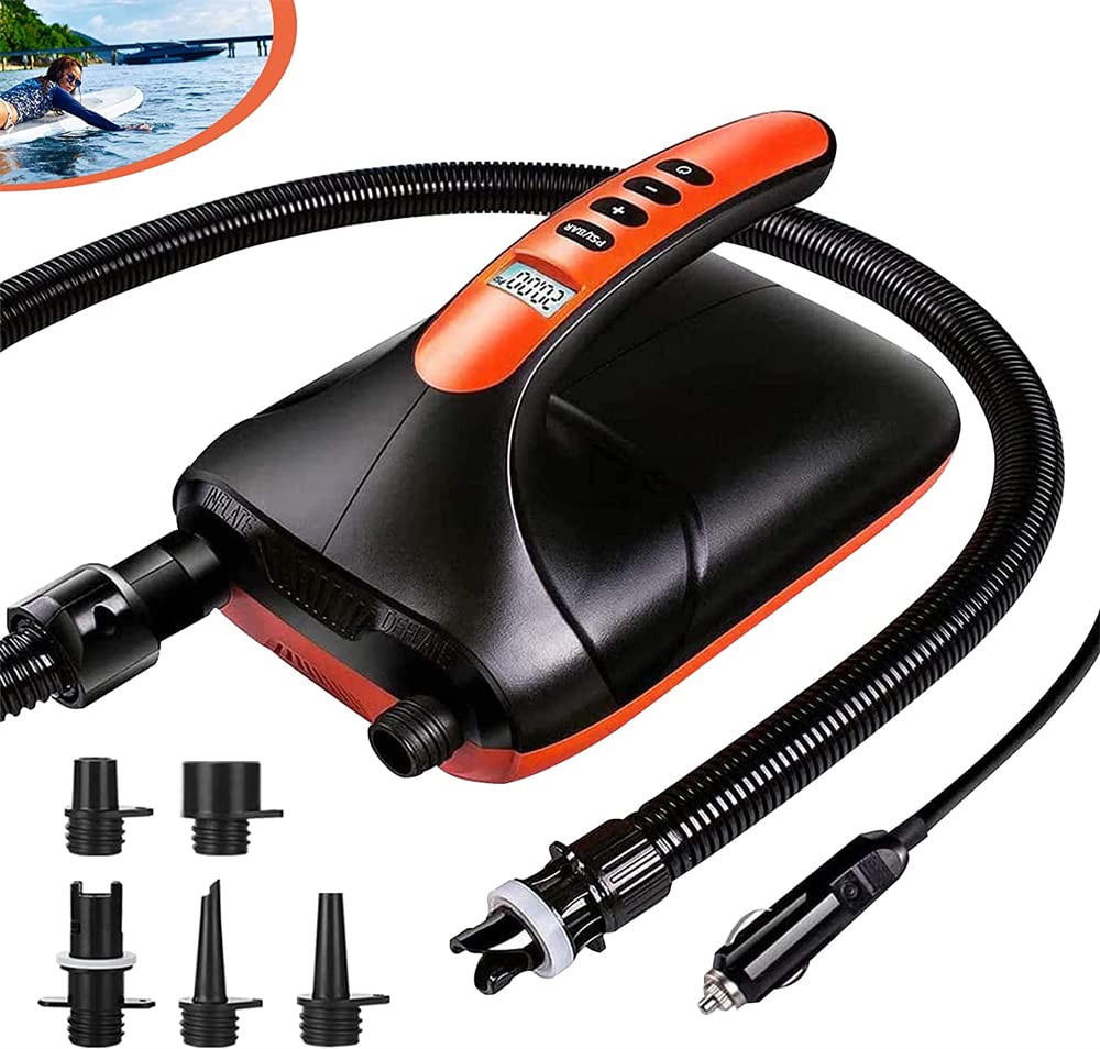 SYOSI Max 20 PSI SUP Electric Air Pump with Dual Stage Inflation and Deflation, LCD Digital Electric Pump with 6 Nozzles for Stand Up Paddle Boards, Boats, Water Sport, Inflatable Tent, Yoga Ball