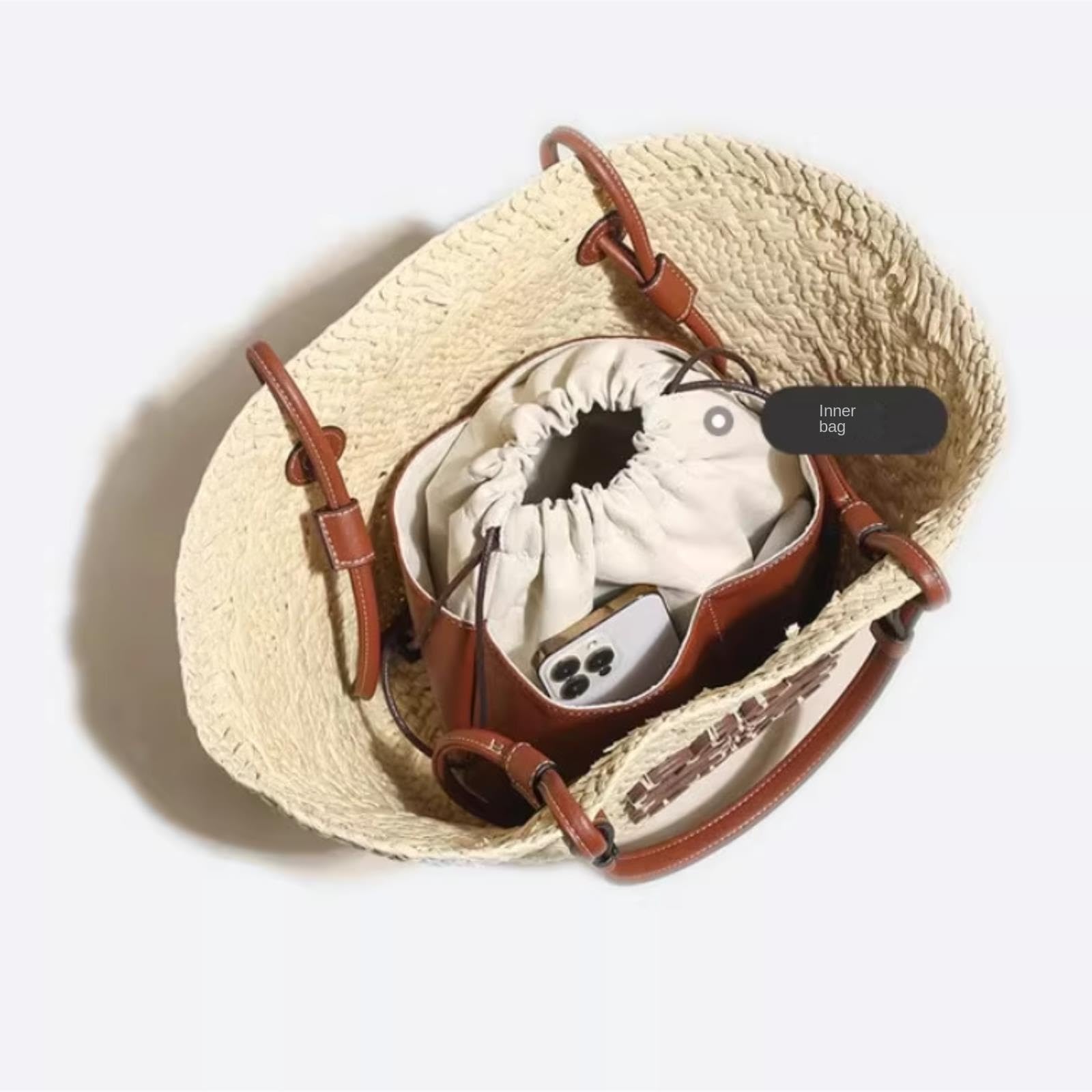 Strohtasche Stroh-Strandtasche, Handgefertigt, Gewebte Schultertasche, Handtasche Mit Großem Fassungsvermögen Damen(Beige)