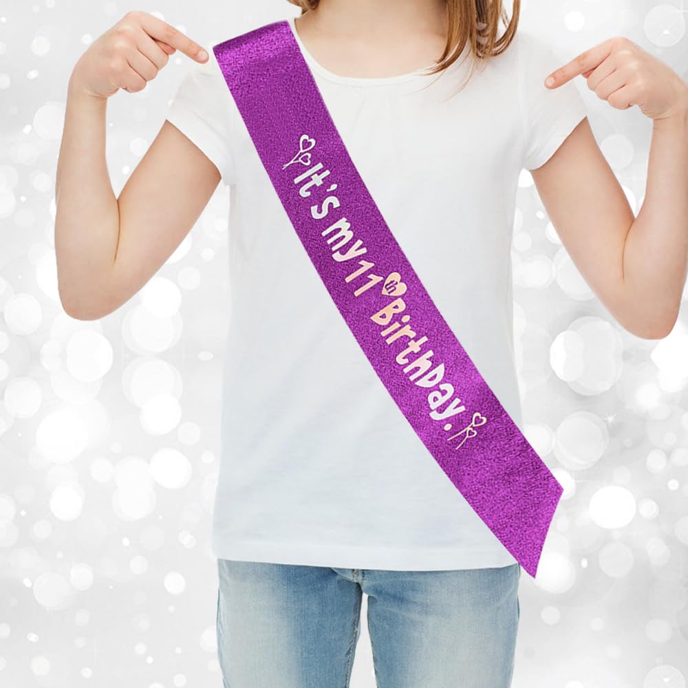 Set Anniversaire 11 Ans Fille - Écharpe 'It's My 11th Birthday' Violette Pailletée + Diadème Couronne Cristal Violet + Broche - Accessoires Reine De La Fête