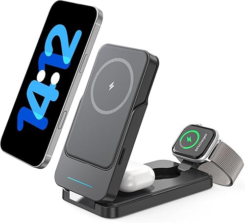 ANJANK Estación de carga inalámbrica plegable 3 en 1, cargador magnético extraíble de 5000 mAh, cargador magnético portátil de viaje para iPhone 17