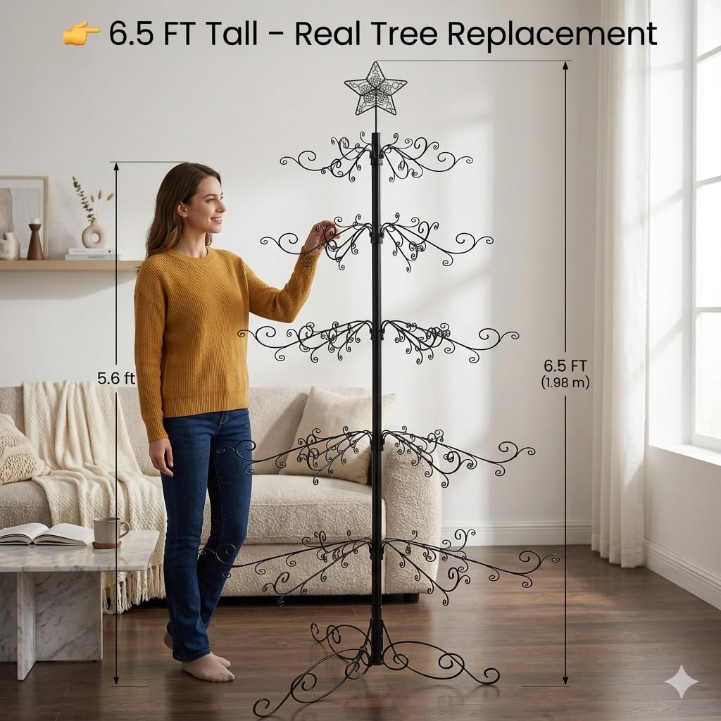 HOHIYA Soporte para Árbol de Navidad Metal 210 cm Base Estable 174 Ganchos para Adornos, Ideal Decoración Navideña y Hogar