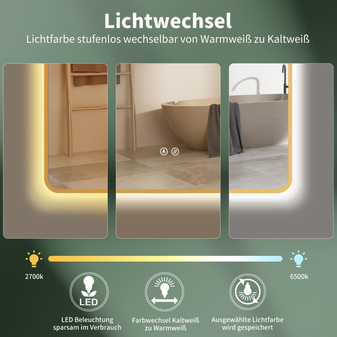 HOKO Antibeschlag LED Badspiegel 50x70 cm / 70x50 cm Louisiana mit Goldener Metallrahmen, HOCH+QUER Montage Schminkspiegel. Touch Schalter+Licht Wechsel 2700-6500K, Warmweiß-Kaltweiß-Neutral