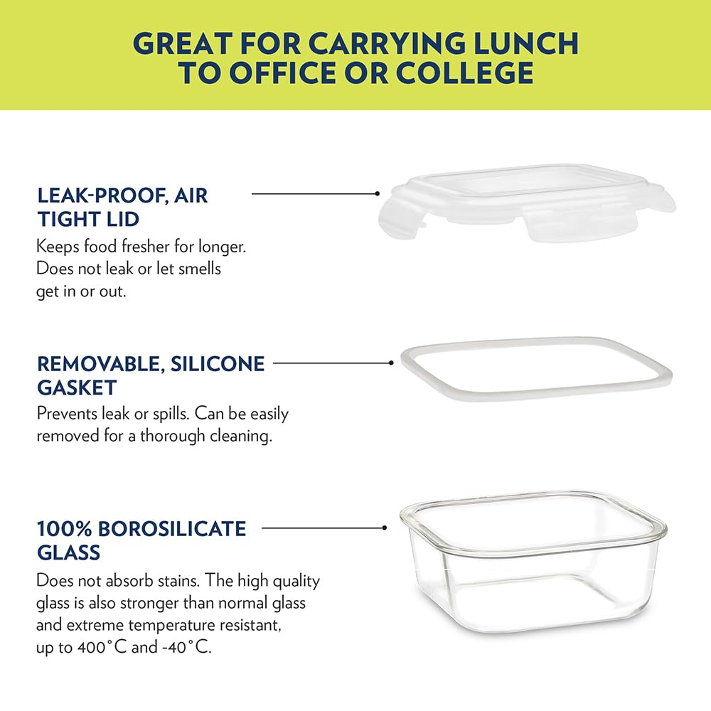 Borosil elite universal lunchbox | set of 4 (320 ml square x 2 + 240 ml round x 2) | break and chip resistant, microwave safe office tiffin - msdeals