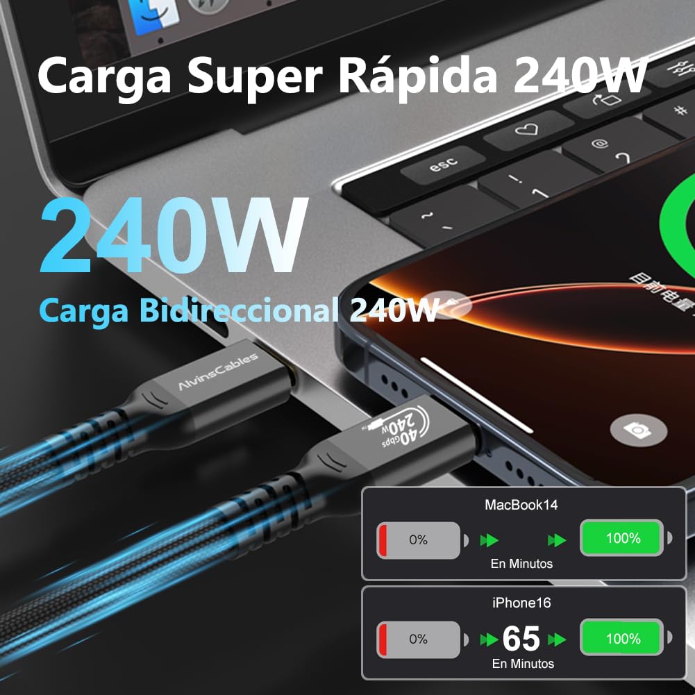 Alvin's Cables Cable USB 4 6,6 Pie,Cable USB-C a USB-C con transferencia de datos a 40 Gbps,carga rápida PD 240W pantalla 8K@60Hz,Compatible con Thunderbolt 4/3,USB 3.0,para Macbook,certificado USB-IF