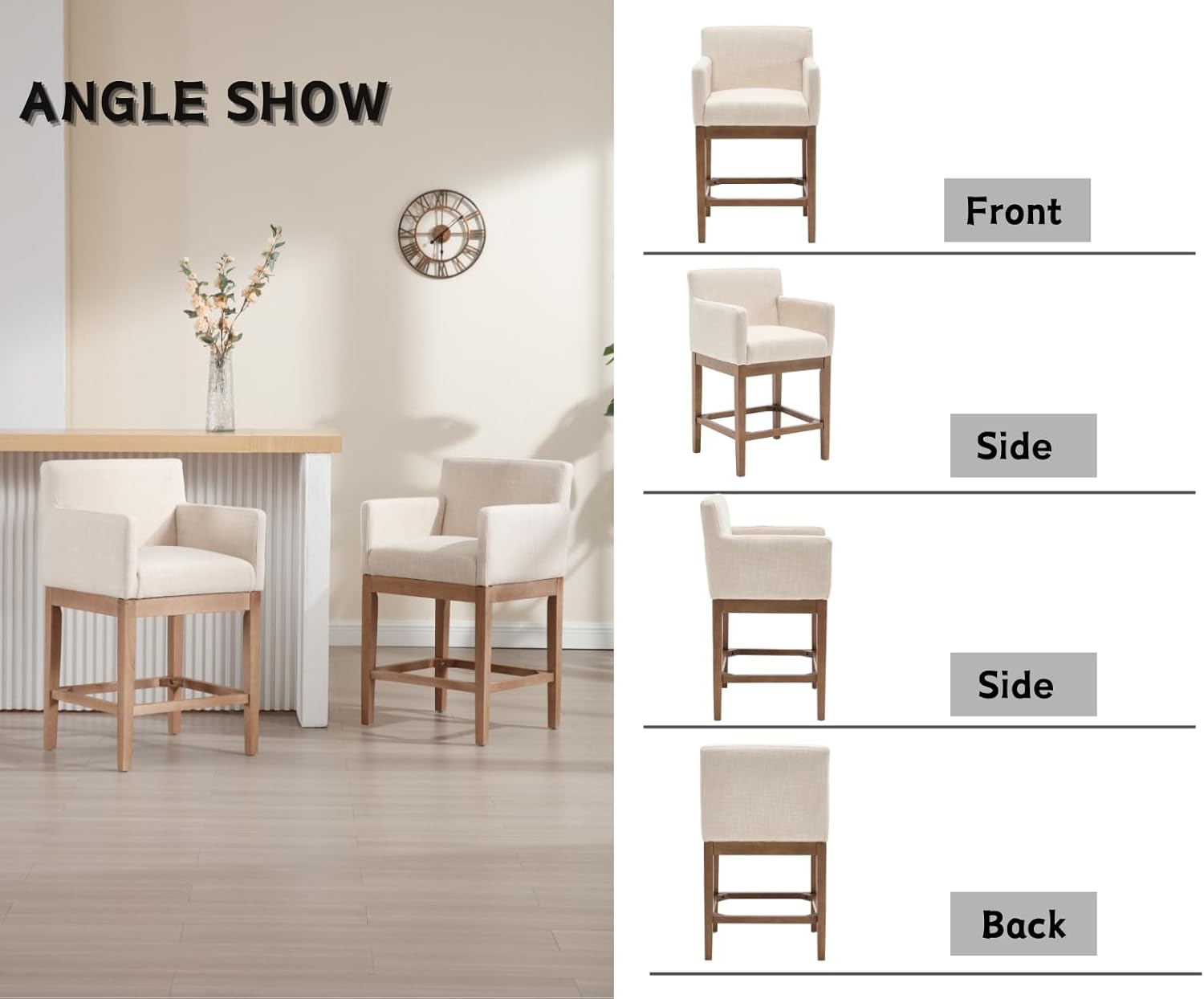 CIMOTA 26" Counter Height Bar Stools Set of 2, Modern Farmhouse Upholstered Bar Chairs with Arms & Back, Solid Wood Frame, Linen Fabric Barstools, Kitchen Island & Home Bar Seating, Beige