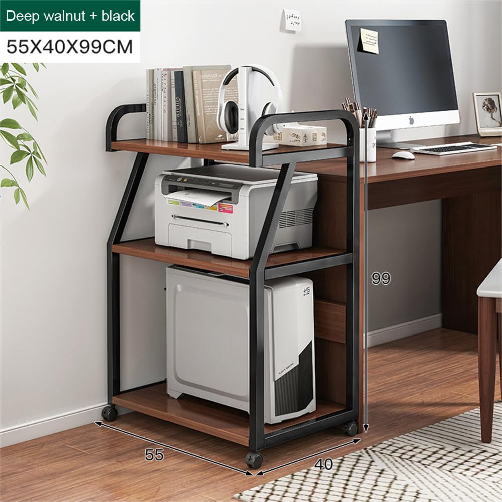 3 Tier Druckertisch Mit Rollen, DruckerstäNder Aus Holz & Metall Druckerwagen, Servierwagen Druckerregal für Dokumentenablage Drucker Kopierer Scanner Zuhause BüRo, 55 x 40 x 99 Cm, Rustikales Braun