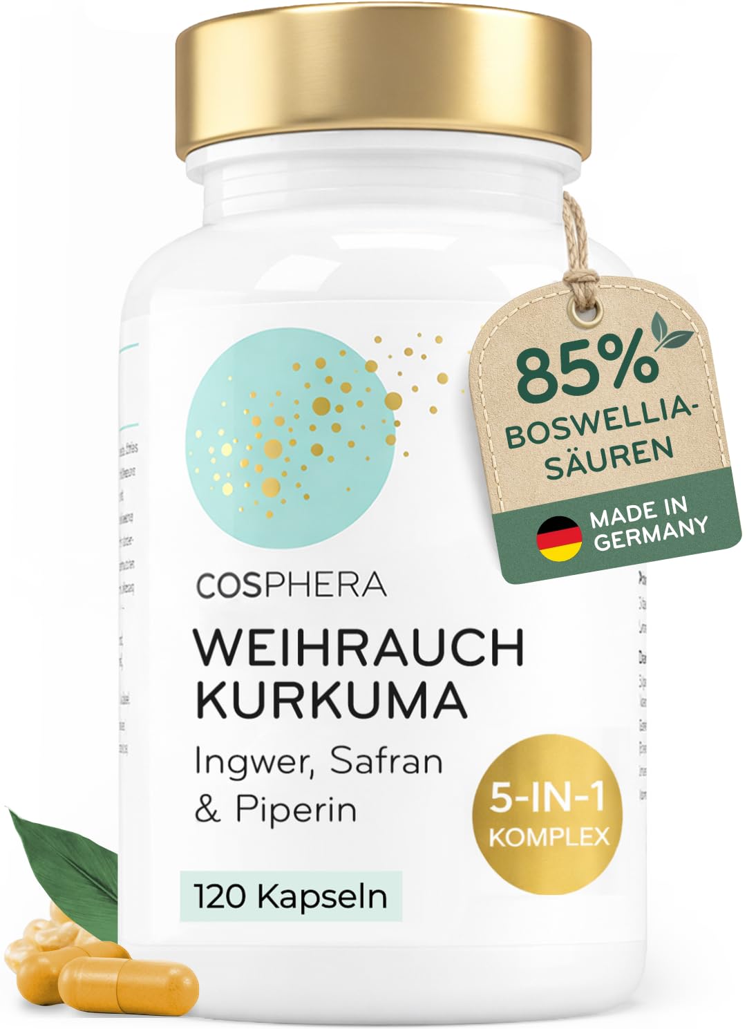 Weihrauchkapseln hochdosiert - Kurkuma, Piperin, Ingwer & Safran - Veganer 5-in-1-Komplex mit Boswellia Serrata (85% Boswelliasäuren) - 120 Kapseln für 2 Monate - COSPHERA