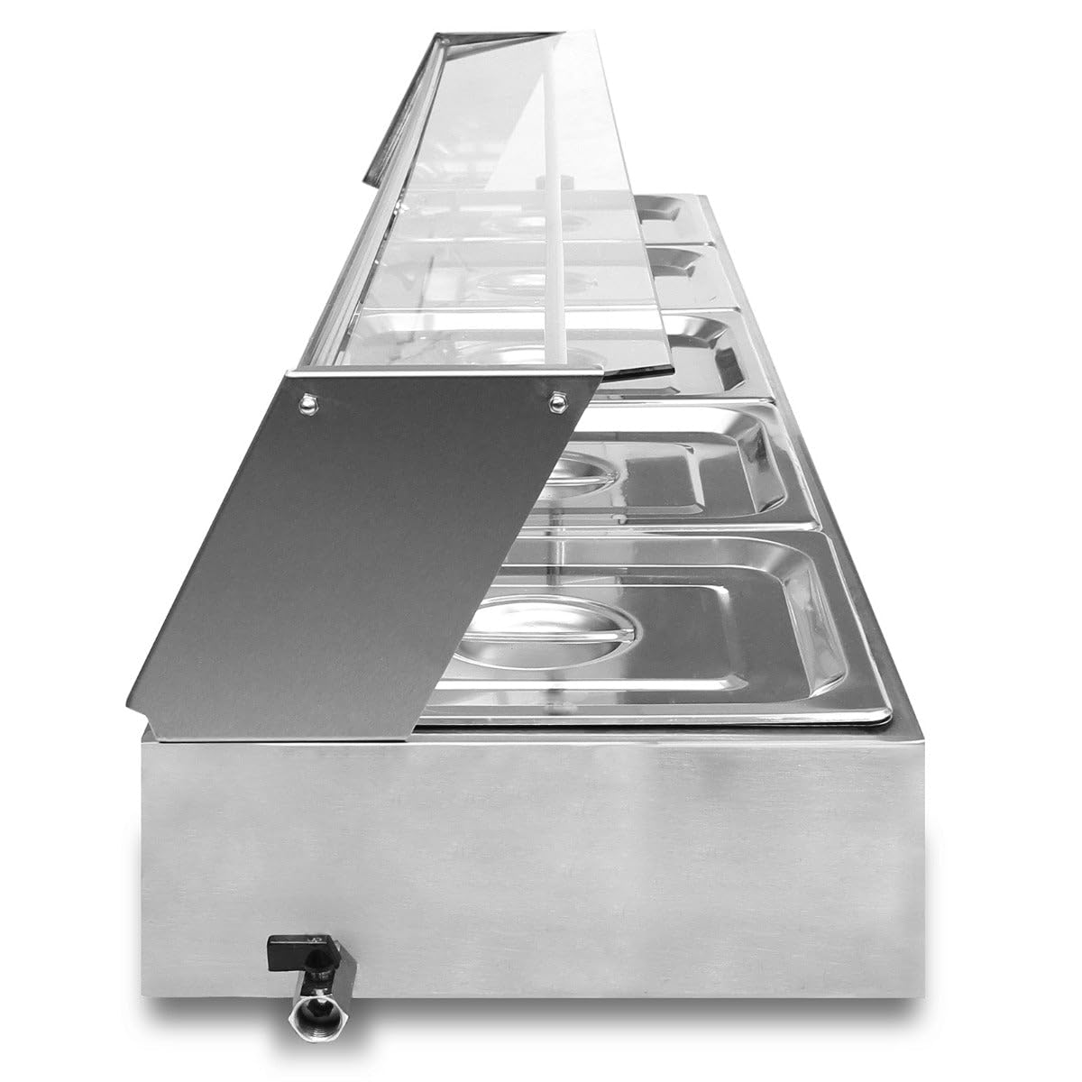 Espositore Bagnomaria in Acciaio Inox con 5 Vaschette da 7L – Ideale per Ristoranti, Takeaway e Catering – Vetrina in Vetro, Termostato 30–110°C, Facile da Pulire con Scarico Laterale
