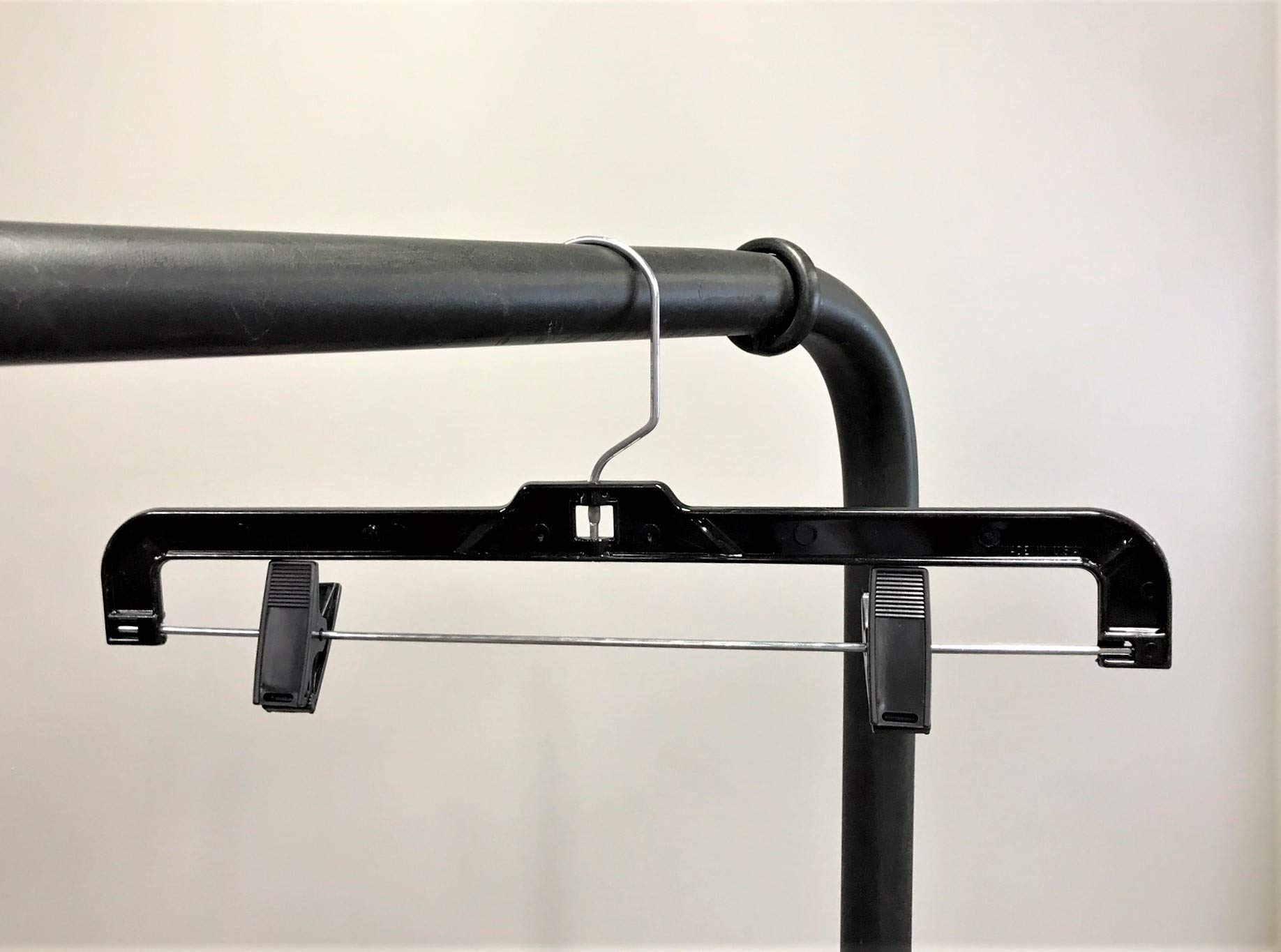 NAHANCO 8600PCLH Black Shiny Plastic Hanger, Skirt Slack, Chrome Long Hook, Black Plastic Clips, 14” (Pack of 100)