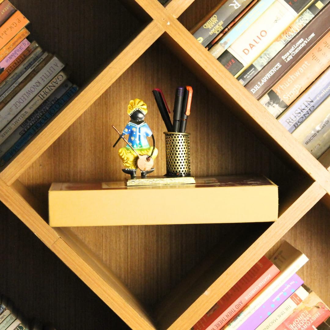 Handcrafted Metal Pen Holder | Tribal Musician Figurine Desk Organizer | Rajasthani Folk Art | Office Study Table Home Décor | Jodhpur Artisan Gift | Compact Stationery Stand | Yellow