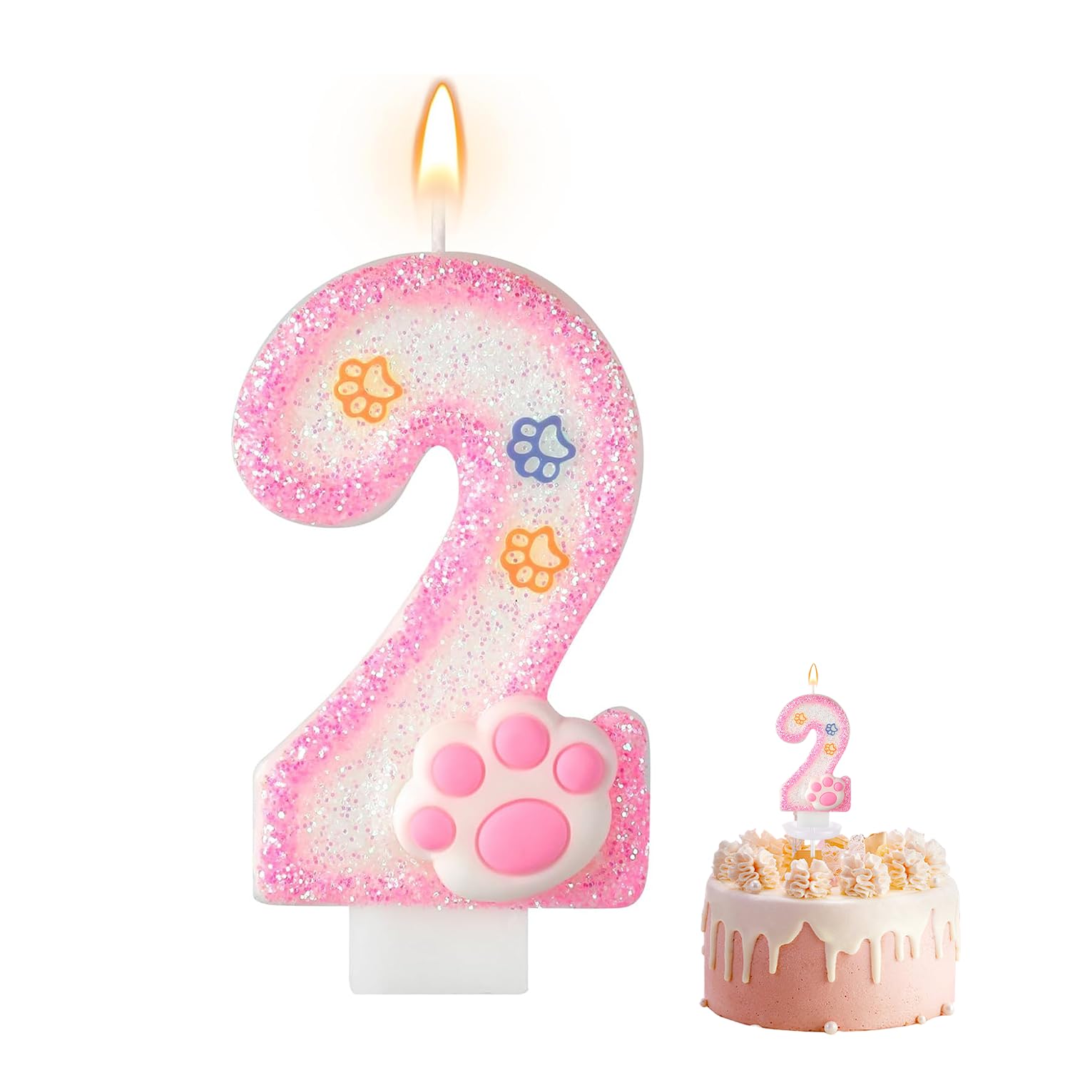 Number 2 Candle, Pink Dog and Cat Paw Designed 2 Candle Birthday for Girls, Wonderful 2nd Birthday Part Cake Decorations, Pet Theme Party Decor Anniversary Celebrations Supplies