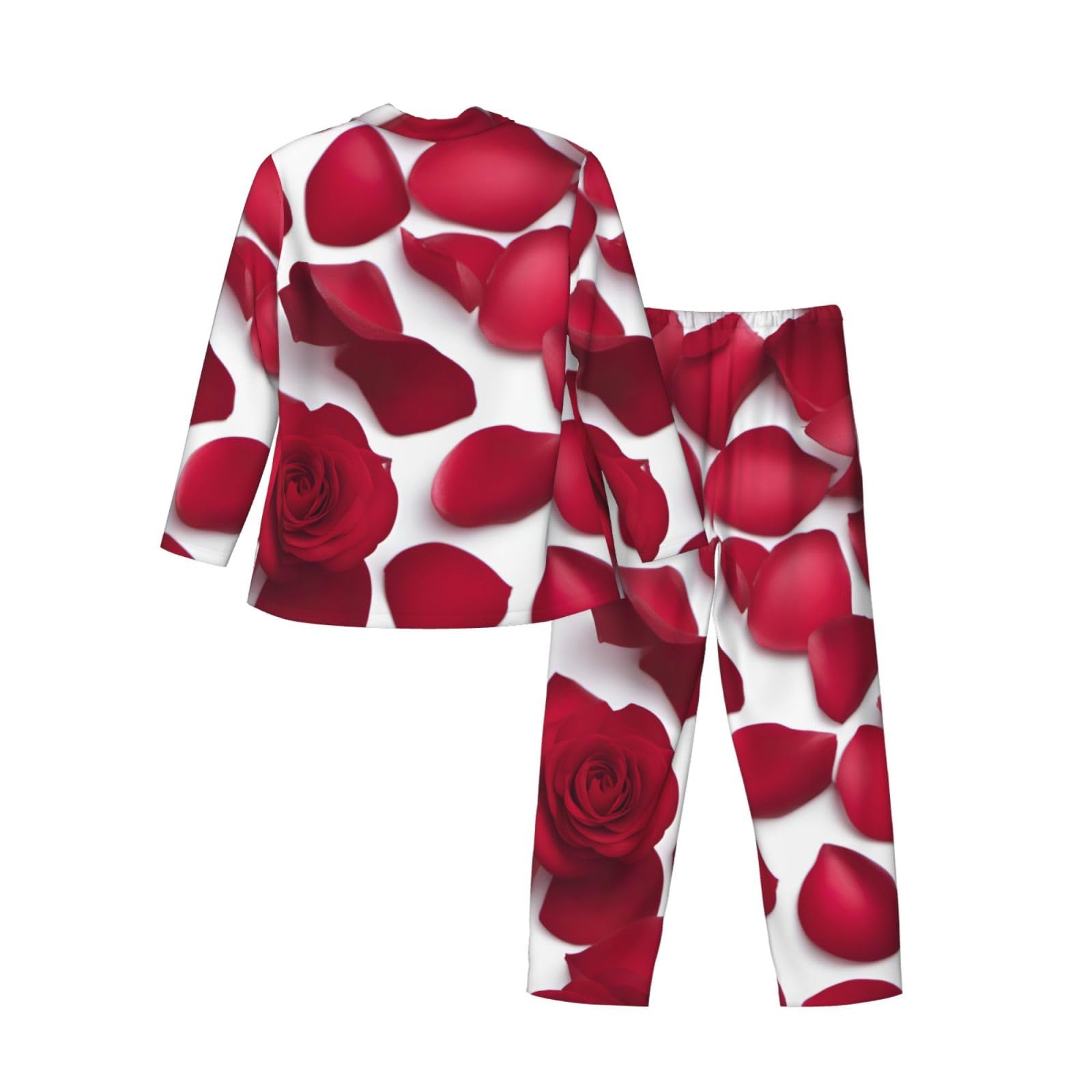 Set pigiama a maniche lunghe da uomo con stampa di petali di rosa rossa, abbigliamento da casa traspirante e accogliente per il fine settimana