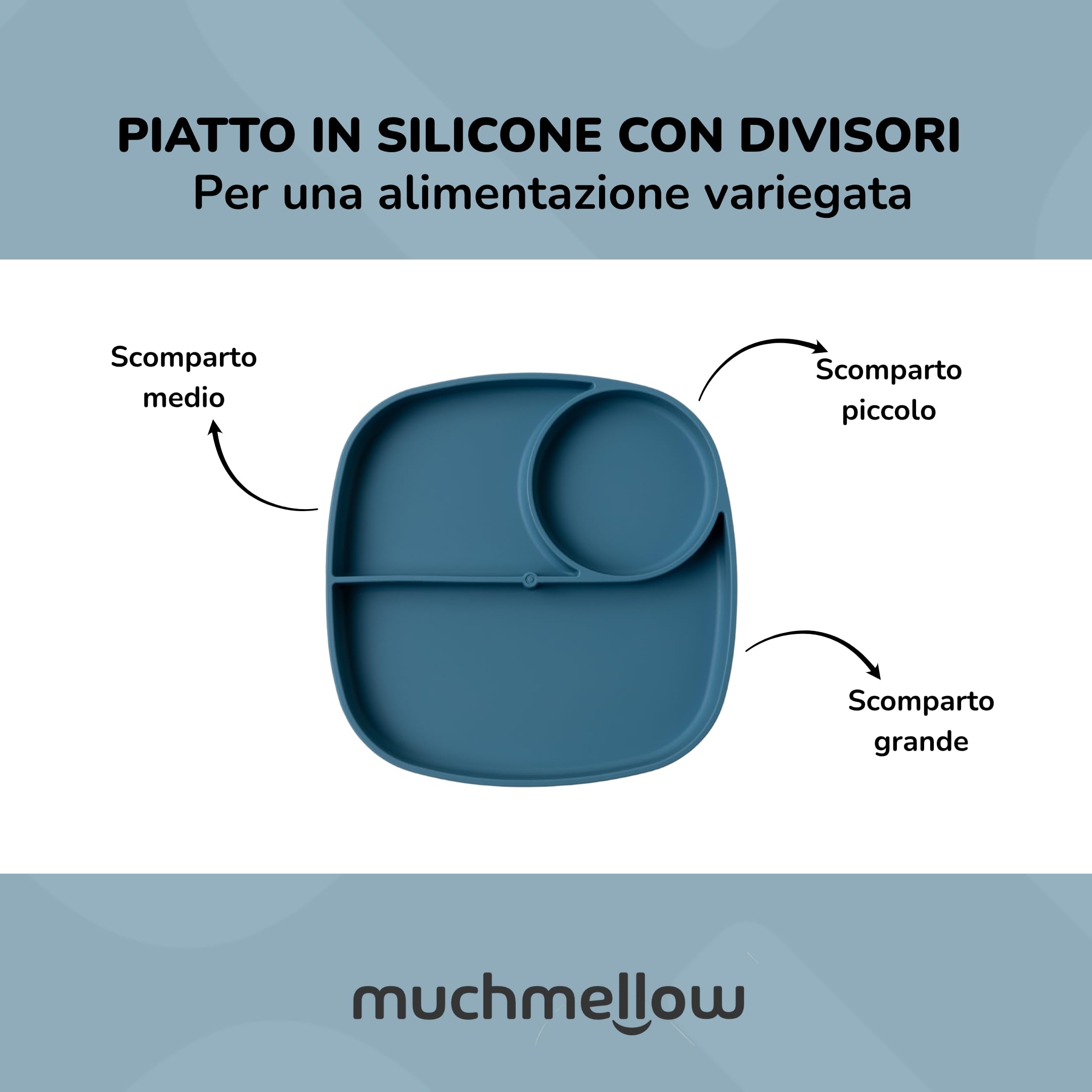 Muchmellow - Set Pappa Silicone MADE IN ITALY 4 Pezzi, Ciotola con Ventosa Anticaduta, Piatto, Cucchiaio, Bavaglino Regolabile, Svezzamento, Plastic Free, BPA Free, Lavabile Lavastoviglie (Blu)