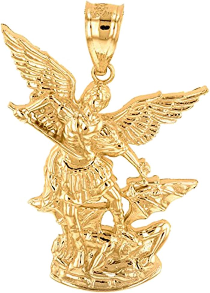10K Gold Men's Saint Michael the Archangel Defeating Satan Pendant, Gold Angel Pendant 7/8" X 1/2"
