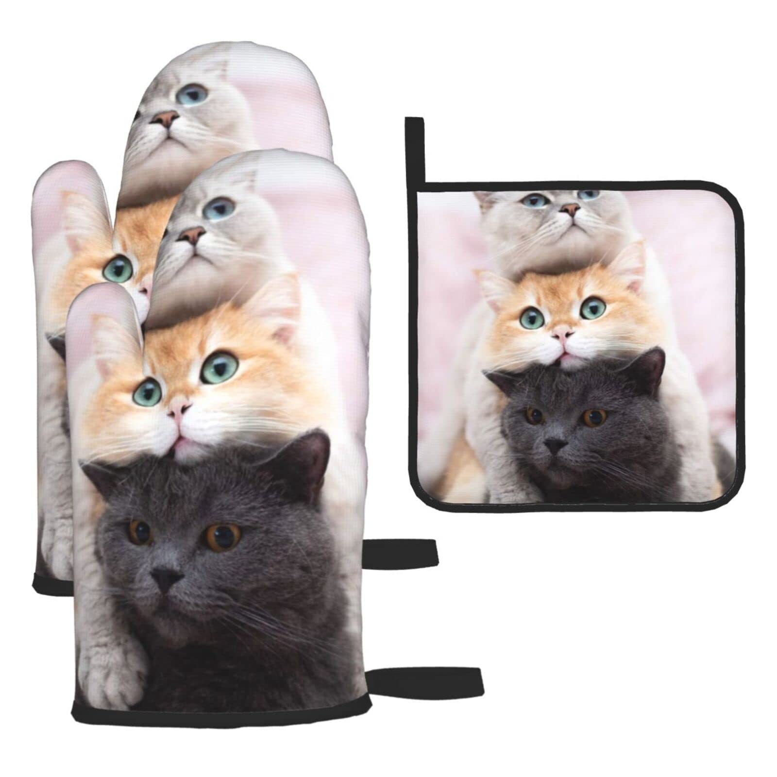 Three Cats Printed Kitchen Baking Three-Piece Heat-Resistant Thick Cotton Oven Gloves for Cooking and Baking.