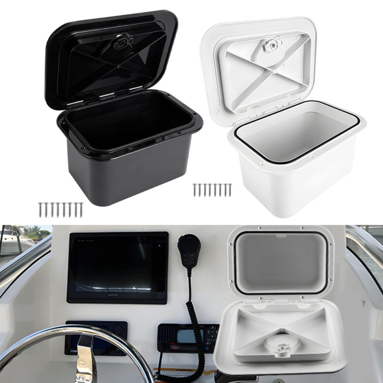 ABS Marine Aufbewahrungsbox Eingebauter Angel-Organizer für Boot, Rumpf, Deck, Angelausrüstung, wasserdicht, 37,5 x 27 x 17,5 cm, Weiß (schwarz)