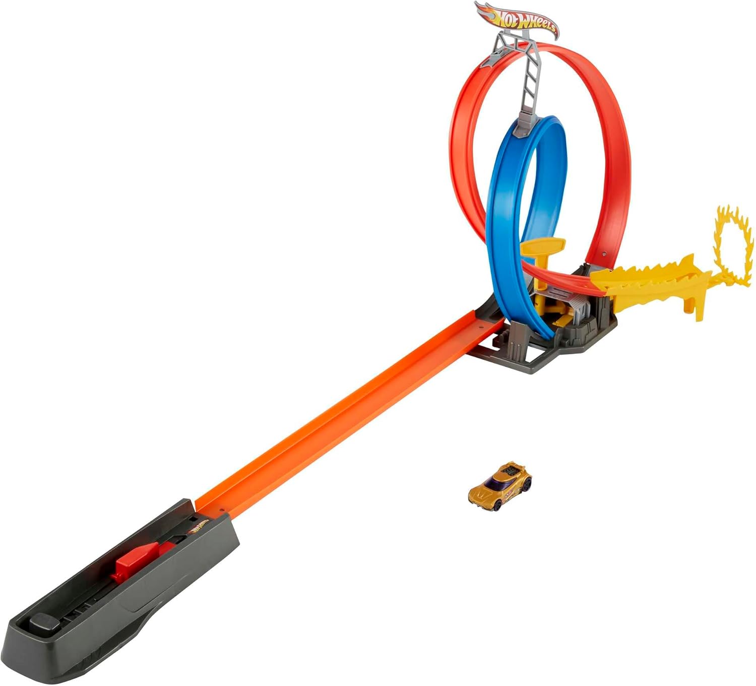Assembled Hot Wheels Energy Track with a gold car positioned at the start of the launcher, ready to race through the double loop and fire ring.