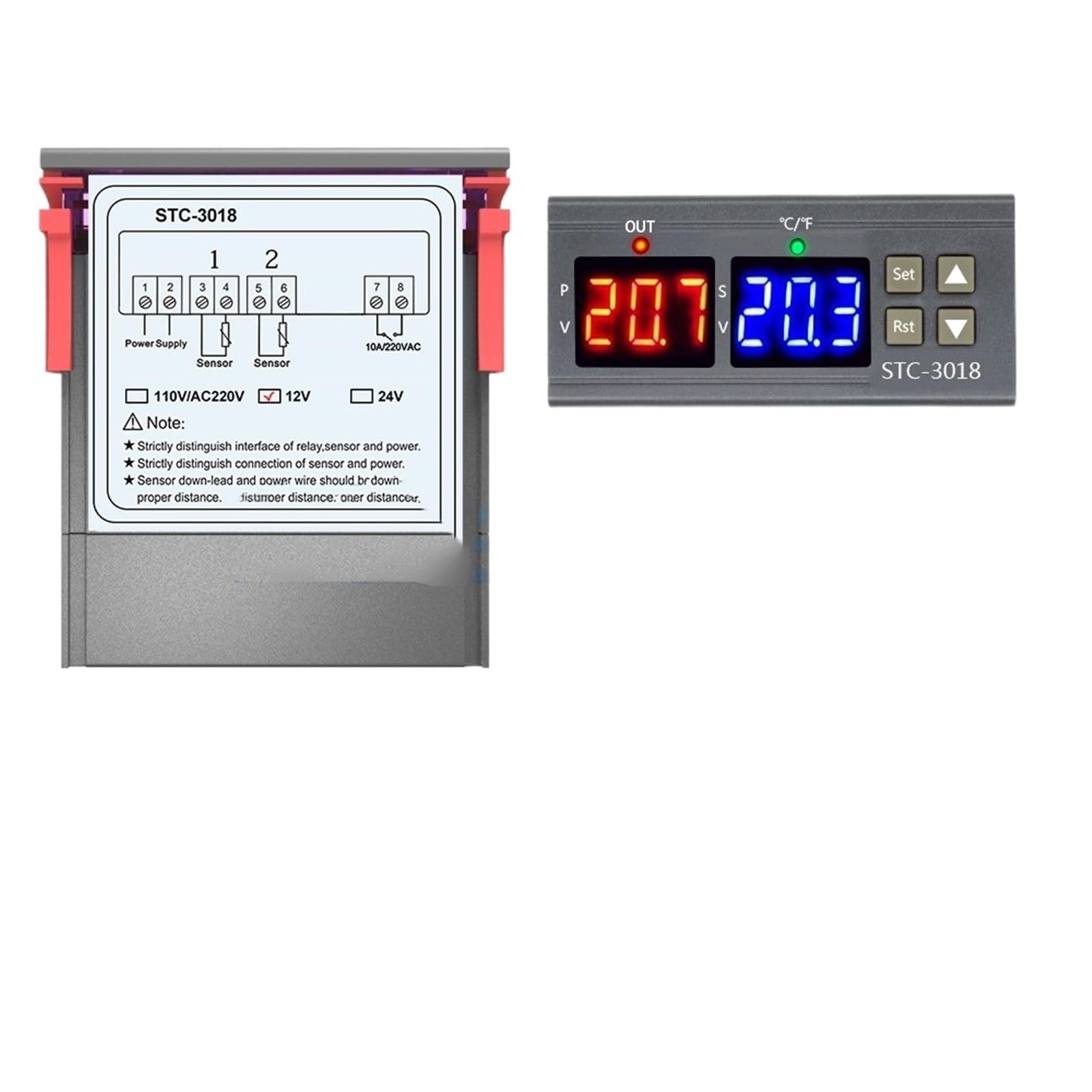 STC-3008 STC-3018 STC-3028 Doppio regolatore digitale di temperatura e umidità Termostato 10A con sonda sensore NTC Termoregolatore(STC-3008 DC 12V)