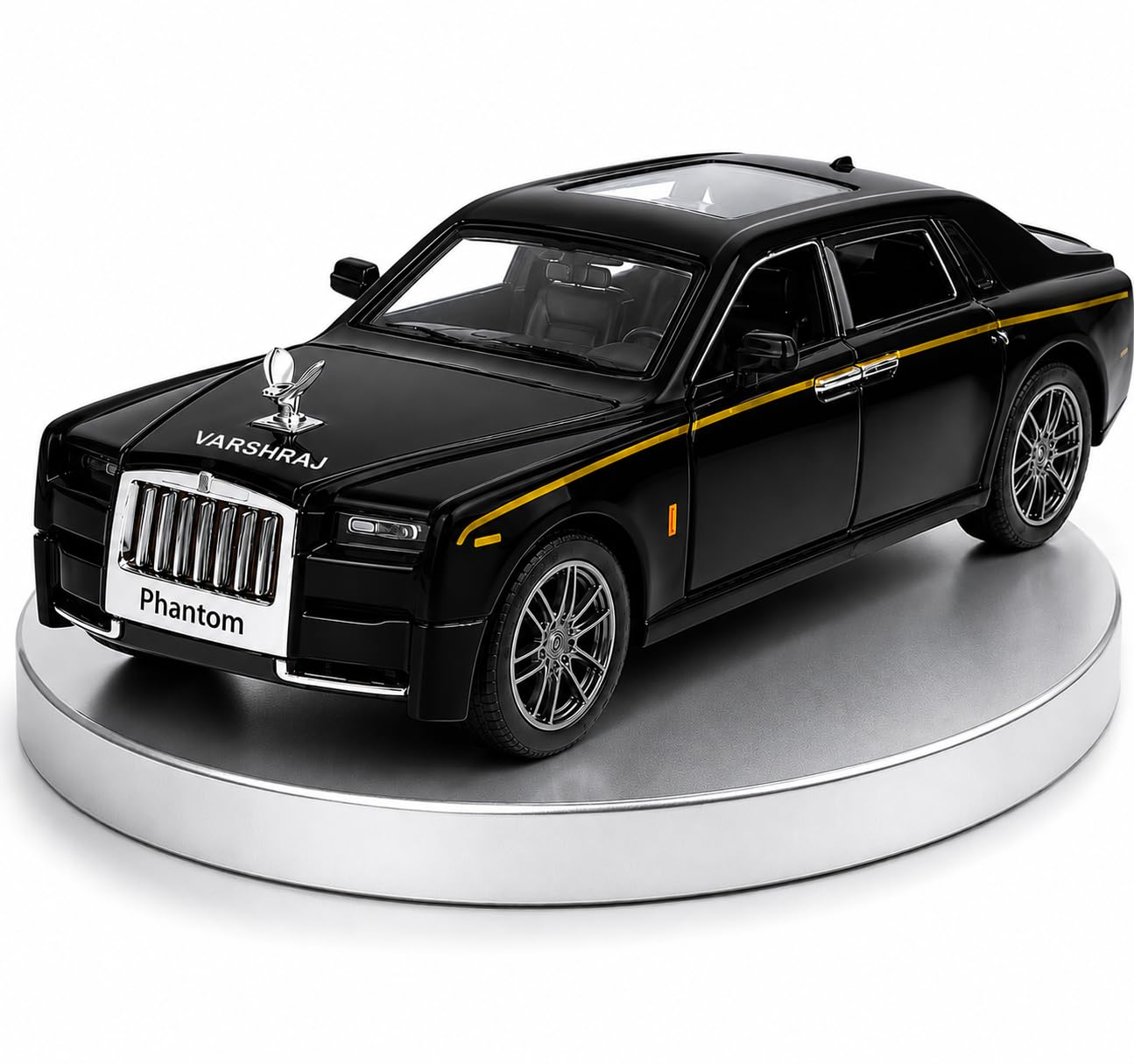 Rolls-Royce Phantom Model Car 1:32 Scale Diecast Metal Alloy Wheel Pull Back Car with Light & Sound, Openable Doors & Bonnet, Mini Metal Toy Car for Kids (Black)-image-2