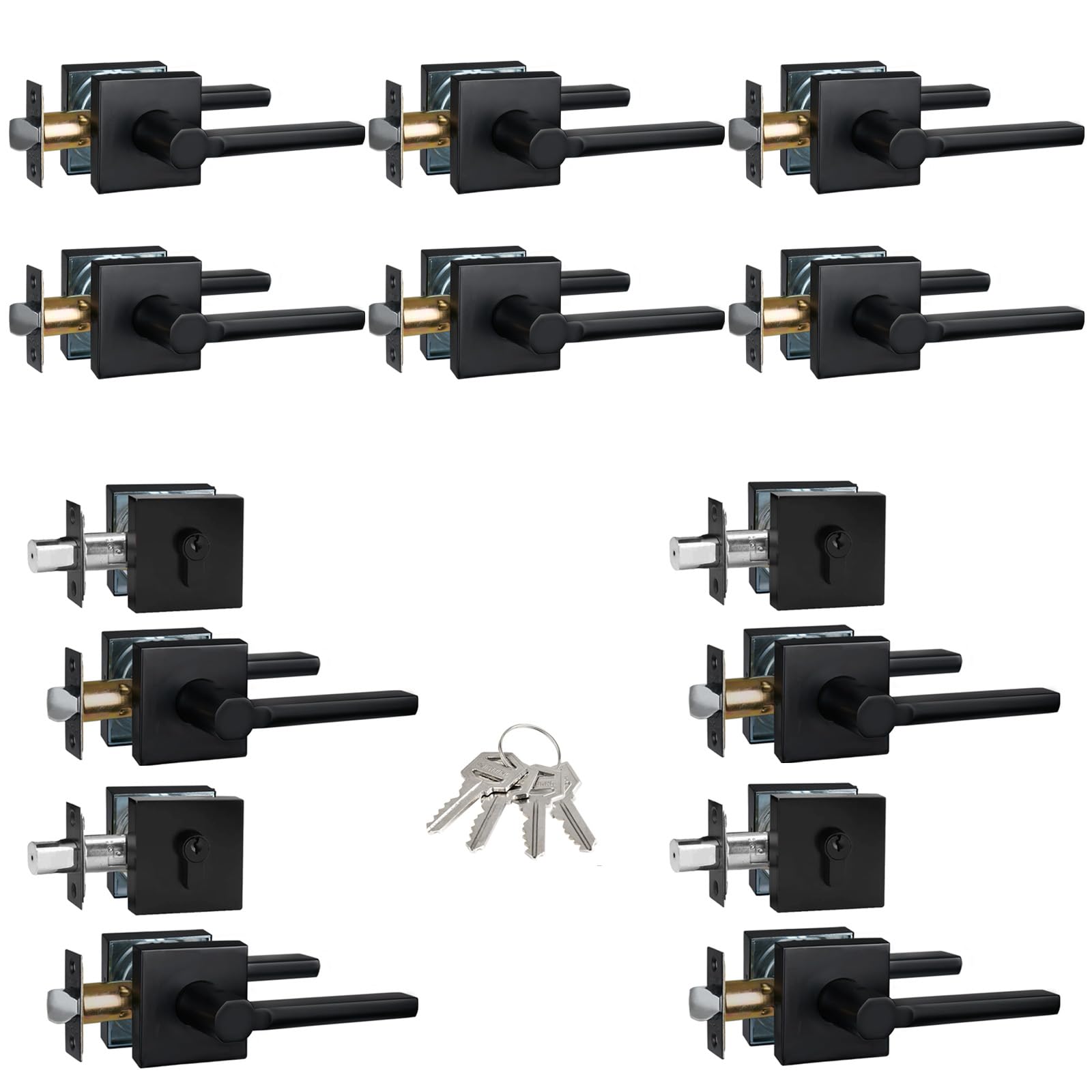 HISAFE 6 Pcs Passage Door Handles, 4 Sets Passage Door Levers with Single Cylinder Deadbolts
