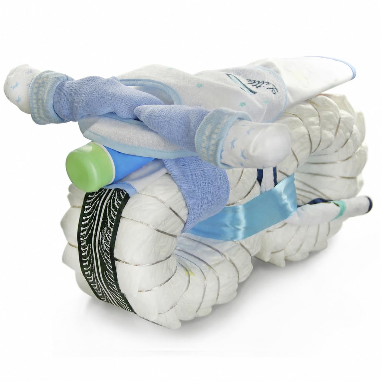 Windeltorte Windelmotorrad Jungen Rockstar blau / 45-teilig /40 cm | Geschenk zur Geburt Babyparty & Baby Shower
