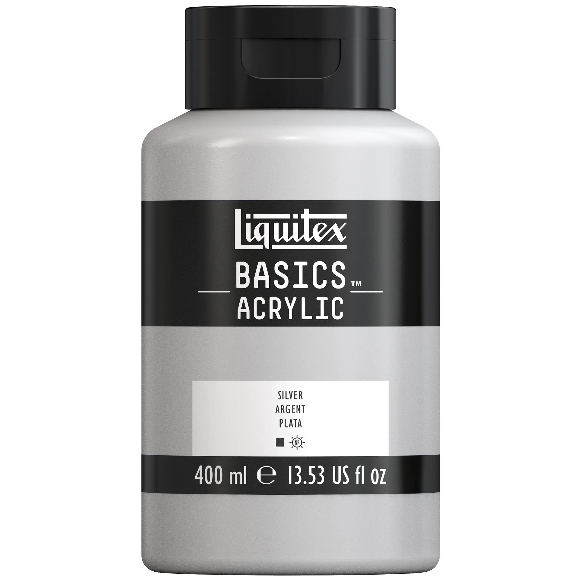 Liquitex Basics Acrylic Colour 400ml Jar Silver Row, these acrylic paints have excellent light resistance, are non-yellowing, and age-resistant, with a silky gloss finish