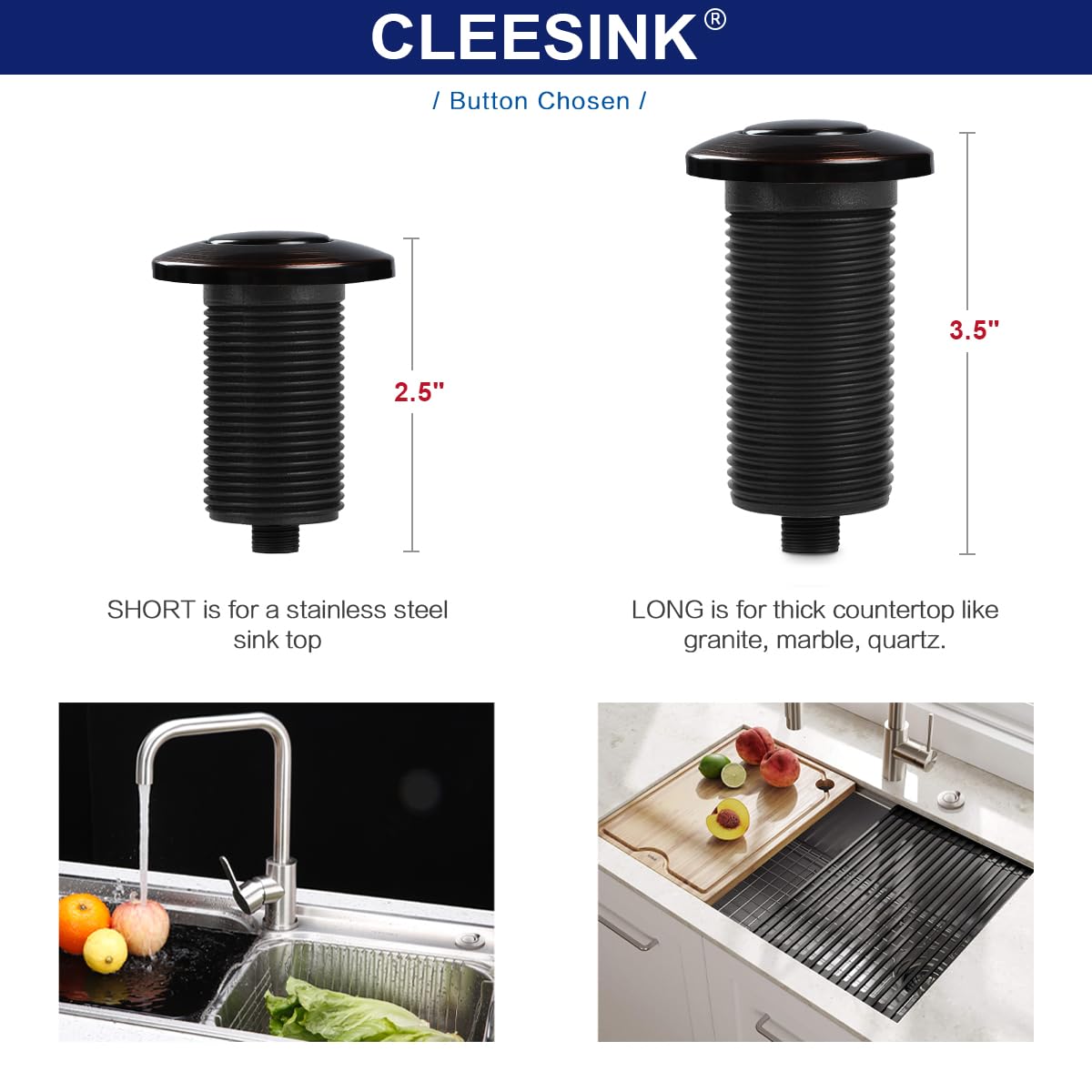 CLEESINK - Kit de interruptor de aire para eliminación de basura, interruptor superior del fregadero para eliminación de basura (largo, 2.5 pulgadas, bronce aceitado)