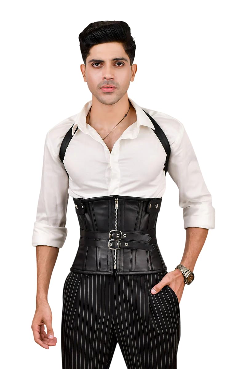 Mens Steampunk Leather Corset - Gothic Waist Trainer Belt with Adjustable Straps for Costume Fitness or Fashion