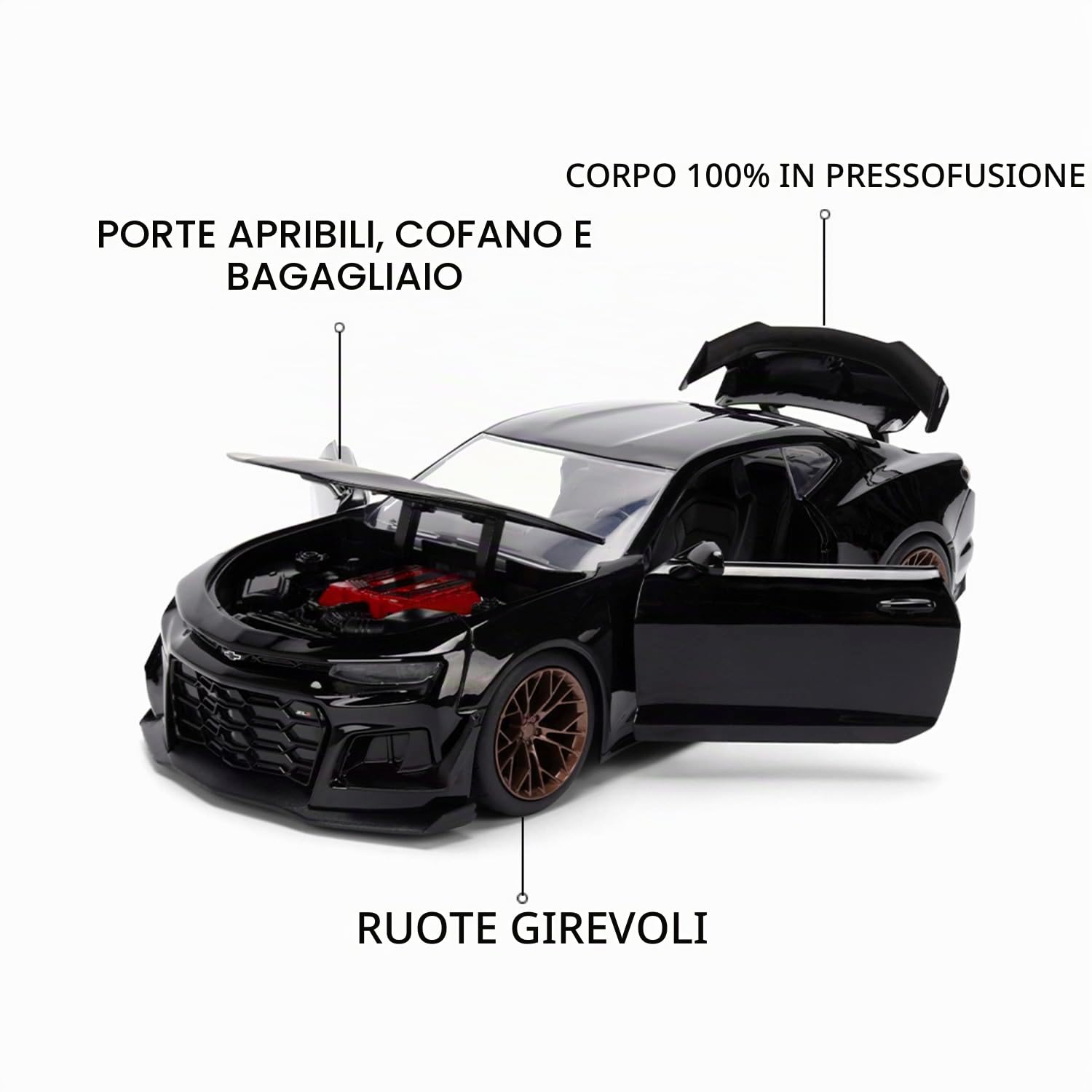Jada Toys Fast and Furious Modellino Auto Chevrolet Camaro ZL1 1LE 2024 (19 cm) - Veicolo giocattolo in metallo con parti di apertura per fan e collezionisti a partire da 8 anni, nero