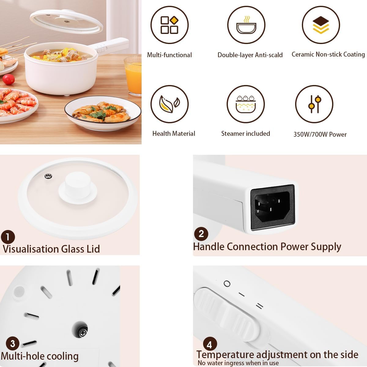 Elektrischer Hot Pot 1.5L mit Dämpfern, Elektrische Pfannen für Braten/Ramen/Fondue/Suppe, geeignet für Wohnheim/Camping/Haus, Keramische Antihaftbeschichtung, Duale Leistungsregelung, Hell-Beige