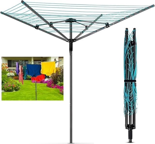50M Rotary Aluminium & Powder-Coated Washing Line With 4 Arm Garden Outdoor Laundry Drying Heavy Duty Folding Clothes Line Airer With Ground Spike & Cover (Powder Coated, With Spikes)