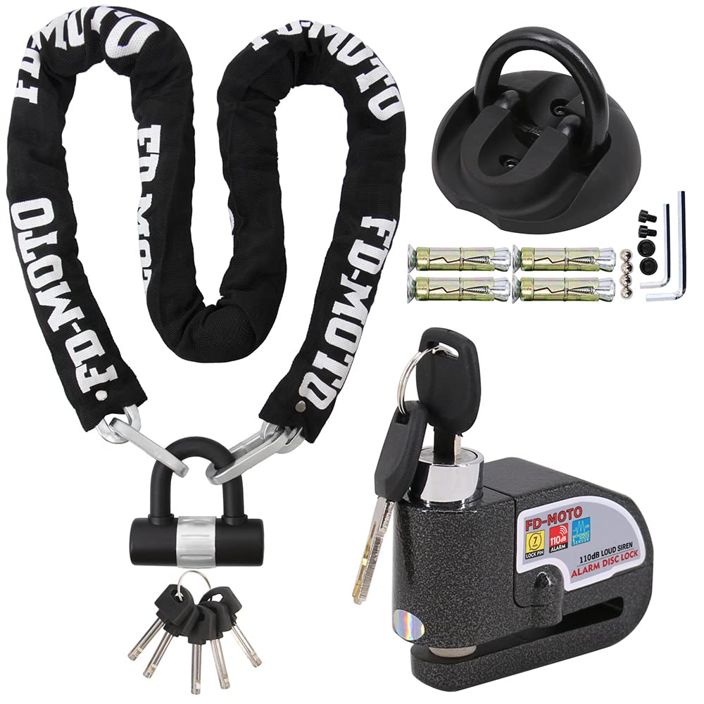 FD-Moto 3.4KG Steel 1.5M*10mm Chain Lock Padlock + Alarm Brake Disc Lock Black + Ground Wall Anchor Heavy Duty for Motorbike Motorcycle Scooter Bike Bicycle ATV
