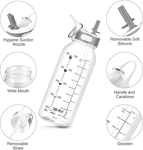 Miniatura 4 de Botella de agua con popote de silicona, botella de agua de Tritan motivacional sin BPA de 32 onzas 1 litro, botella de grado alimenticio con