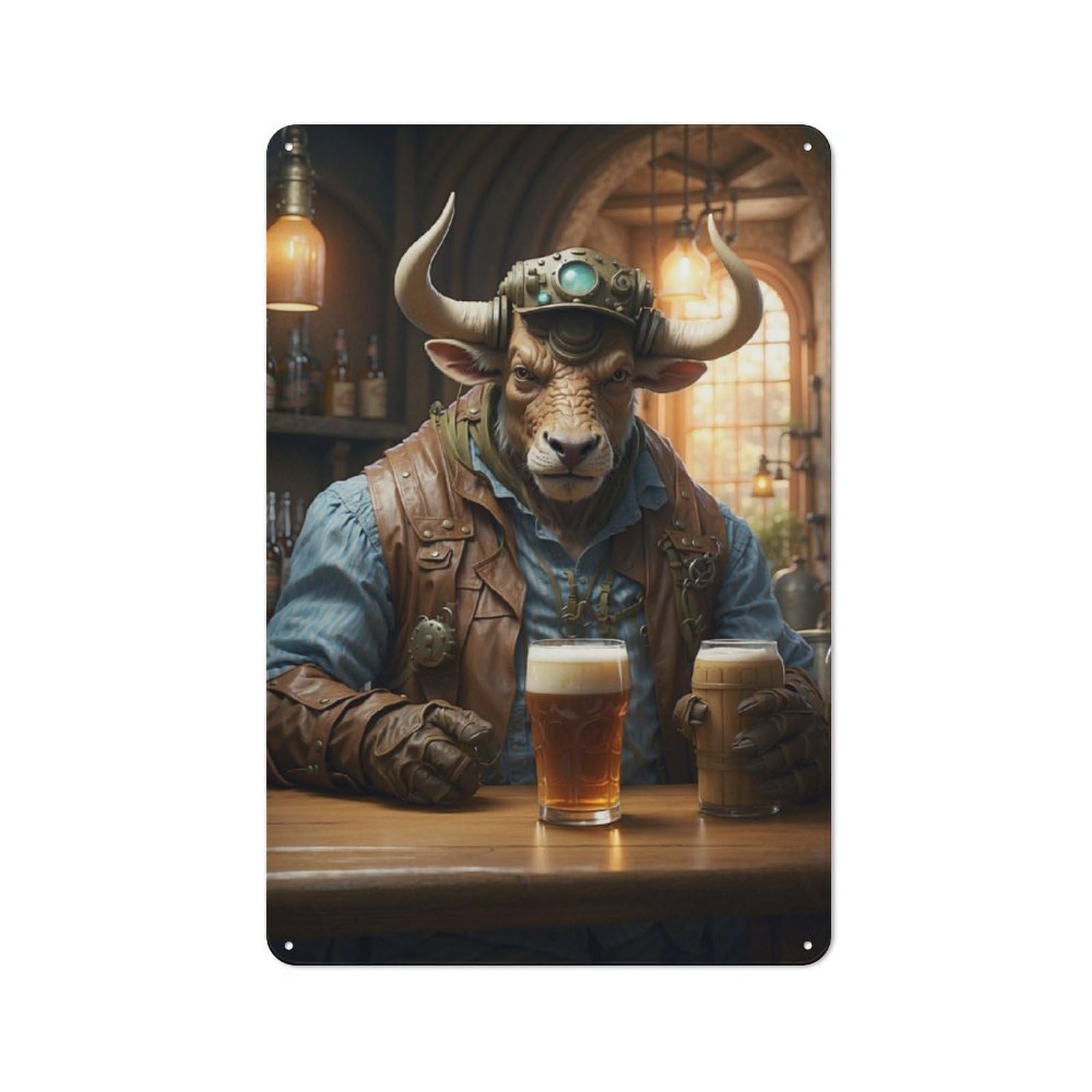 Junmoney Steampunk Craft Beer Ox For Lounge Or Reading Corner, Rustic Tin Sign 30X20cm, For An Autumn Update To Lounge And Reading Corner